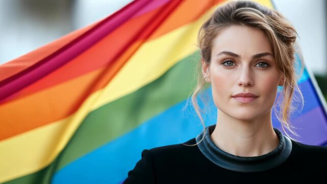 Woman looks directly at the camera with a colorful rainbow Pride flag behind her. The flag waves gently in the breeze. The bright colors are vibrant and cheerful
