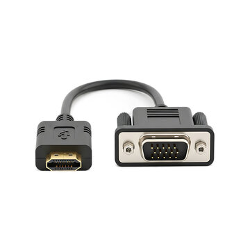 Black adapter cable featuring a male HDMI connector on one end and a male VGA connector on the other end, isolated on black