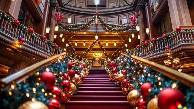A grand staircase is beautifully decorated for Christmas. Red and gold baubles, garlands, and lights adorn the railing and steps in a festive display
