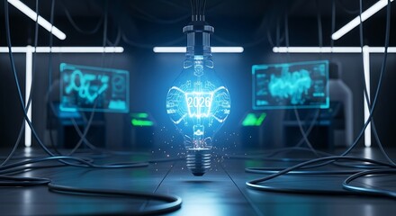 Futuristic Light Bulb with Glowing Cube in a Dark Room.