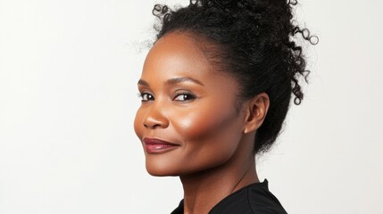 An African-American woman poses against a white background, her hair neatly styled, profile highlighted by the lighting. Responsibility, femininity, style, neatness