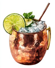 Moscow Mule Drawing. Cocktail Watercolor Illustration with Ice for Drink Clipart