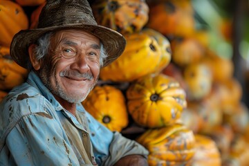Cheerful senior farmer in hat smiling at pumpkin harvest. Close up portrait against blurred orange autumn gourds background shows genuine happiness and satisfaction.