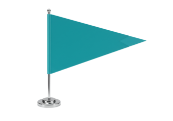 Isolated cyan pennant flag on metal pole sitting on base, table flag, school colors