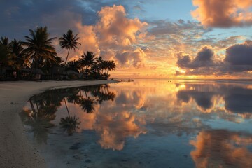 Muri Beach at Sunrise in Rarotonga, Cook Islands: Idyllic Lagoon Landscape with Coconut Trees