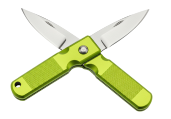 Isolated double bladed pocket knife with green handle, tool for camping, outdoor, hiking