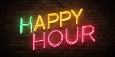 Neon Happy Hour. Advertising Sign on Brick Wall for Bar with Cocktail and Liqueur