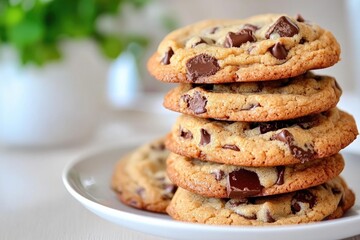 Delicious chocolate chip cookies on a plate with chocolate chunks and crumbs