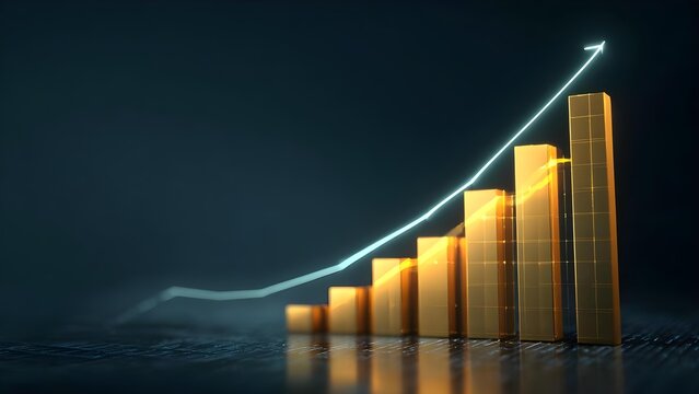 Golden 3D bar chart rising in height with a neon cyan upward-trend line. Concept Golden 3D bar chart, Rising bars, Neon cyan trend line, Data visualization, Analytical chart