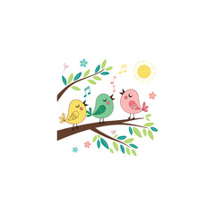 Colorful different type of birds sitting on tree branches with colourful floral and leaf patterns, featuring nature vector illustration