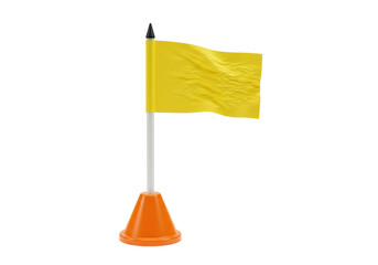 Isolated, small yellow golf course flag with plastic stick and orange base on background