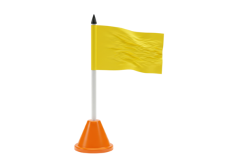 Isolated, small yellow golf course flag with plastic stick and orange base on background