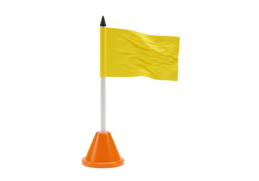 Isolated, small yellow golf course flag with plastic stick and orange base on background