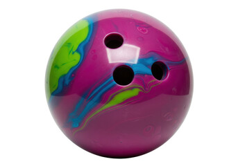 Isolated bright bowling ball in striking colors with three finger holes for sport use