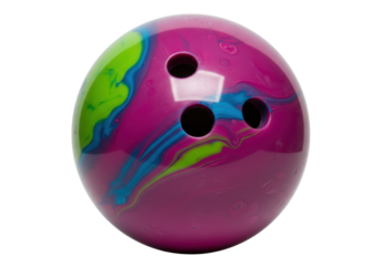 Isolated bright bowling ball in striking colors with three finger holes for sport use