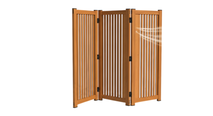 Folding wooden pet gate with vertical slats isolated on transparent background