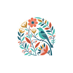 Colorful different type of birds sitting on tree branches with colourful floral and leaf patterns, featuring nature vector illustration
