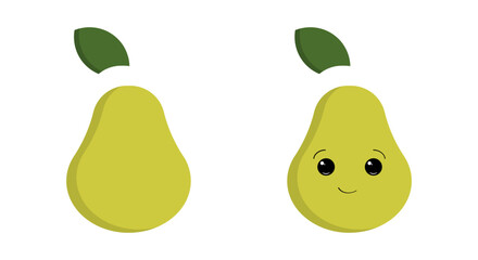 Two line icons depict pears with one showing a cute, smiling face. The icons are colorful and simple, highlighting the pear shape and playful features.