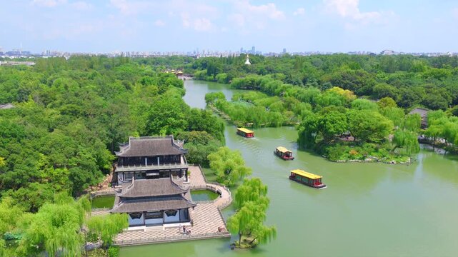 Slender West Lake Scenic Area, Yangzhou City, Jiangsu Province, China, featuring classical Chinese gardens and aerial photography of Chinese gardens