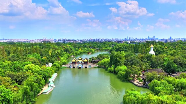 Slender West Lake Scenic Area, Yangzhou City, Jiangsu Province, China, featuring classical Chinese gardens and aerial photography of Chinese gardens
