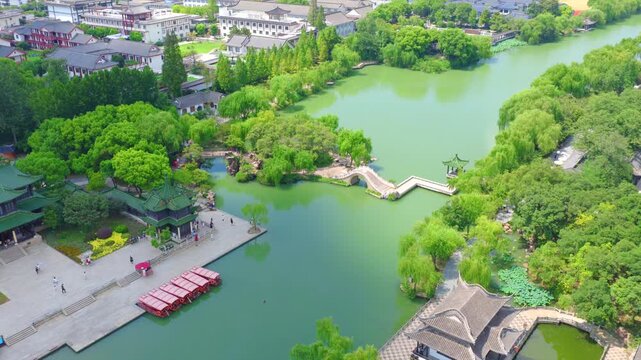 Slender West Lake Scenic Area, Yangzhou City, Jiangsu Province, China, featuring classical Chinese gardens and aerial photography of Chinese gardens