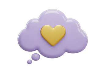 Isolated 3D illustration of cute purple cartoon thought bubble with yellow heart shape icon