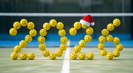 Creative 2026 numbers made from padel and pickleball equipment with Santa hat on number six on blurred court background, festive sporty concept for New Year and holiday