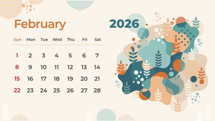 Beautifully Abstract hand-drawn February 2026 calendar