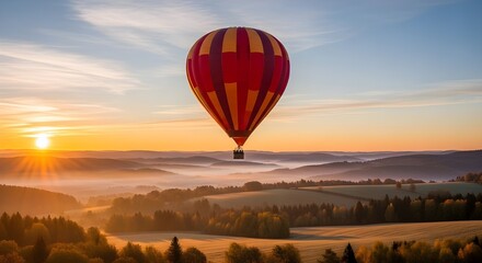 Obraz premium Hot Air Balloon Ride Over Misty Landscape at Sunrise