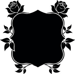 Elegant black silhouette of an ornate vintage frame adorned with beautiful roses and leaves, a classic decorative element