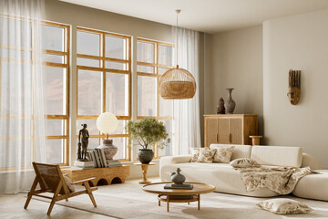 Japandi living room with natural wood tones and cozy daylight atmosphere, minimal furniture and woven lighting details. 3D illustration