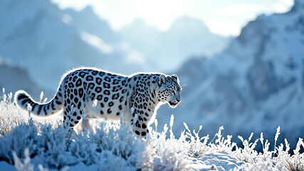 A snow leopard walks gracefully through a snowy landscape, surrounded by majestic mountains. The scene captures the beauty of wildlife in a winter setting. - Powered by Adobe
