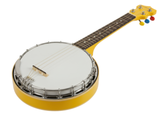 Isolated yellow banjo ukulele, musical instrument of four strings for traditional music
