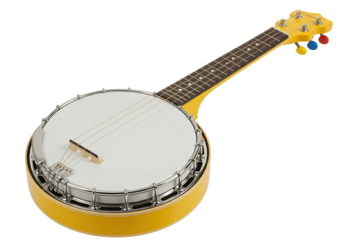 Isolated yellow banjo ukulele, musical instrument of four strings for traditional music