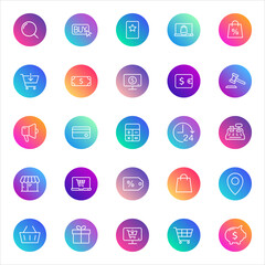 Set of 25 round e-commerce and shopping icons in white outline style on colorful gradient backgrounds. Includes payment, discount, cart, and store symbols for UI, apps, and web design.