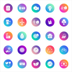 Set of 25 round sustainability and eco glyph icons in white style on colorful gradient backgrounds. Includes energy, recycling, nature, and green living symbols for UI, apps, and web design.