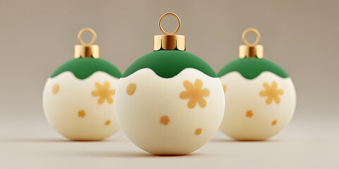 3d christmas baubles with green tops and golden flower patterns for festive decoration