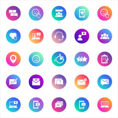 Set of 25 round communication and interaction glyph icons in white style on colorful gradient backgrounds. Includes messaging, feedback, user actions, and support symbols for UI and apps.
