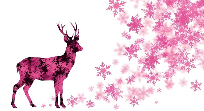 Majestic deer silhouette with pink snowflake pattern on white background