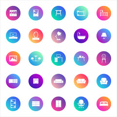 Set of 25 round furniture and household glyph icons in white style on colorful gradient backgrounds. Includes seating, storage, lighting, and decor symbols for UI, apps, and web design.