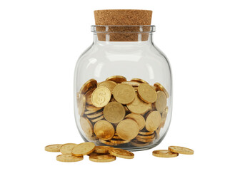 Isolated glass jar filled with golden coins, concept of saving money and financial growth