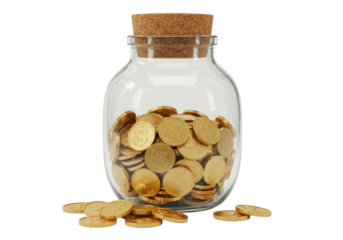 Isolated glass jar filled with golden coins, concept of saving money and financial growth
