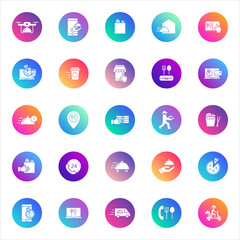Set of 25 round food delivery and restaurant glyph icons in white style on colorful gradient backgrounds. Includes meals, logistics, ordering, and service symbols for UI and web design.