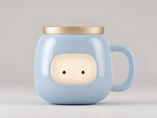 3d cute pastel blue mug with golden lid and minimal face design