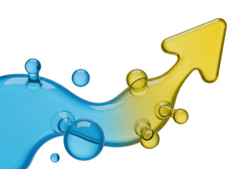 Isolated arrow symbol with fluid effect and small bubbles showing positive upward direction