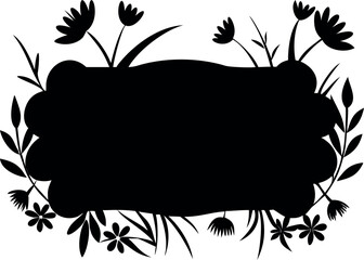 Graceful Botanical Frame Silhouette Featuring a Variety of Blooming Flowers and Lush Foliage, Providing an Ornate Empty Space for Custom Text or Graphic Elements