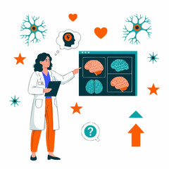 Female doctor pointing at brain diagram — modern flat medical illustration about neuroscience and healthcare education