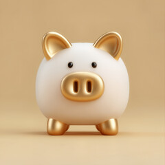 3d golden piggy bank front view with metallic shine and cute expression