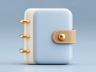 3d diary notebook with golden rings and beige strap on pastel blue background