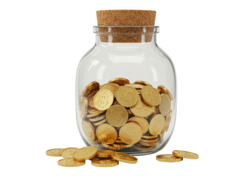 Isolated glass jar filled with golden coins, concept of saving money and financial growth